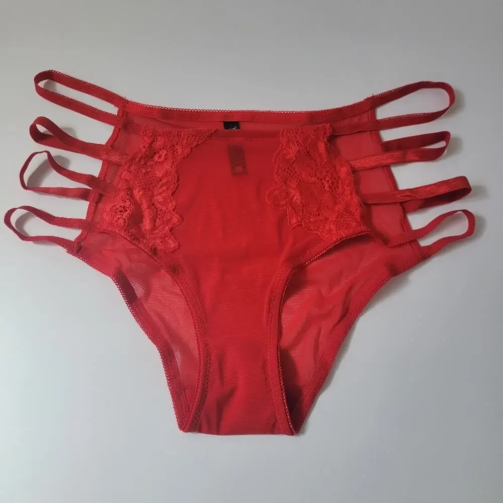 Yandy Red Applique Mesh Panty With Strappy Sides and Cheeky Cut Back Size M NWT-